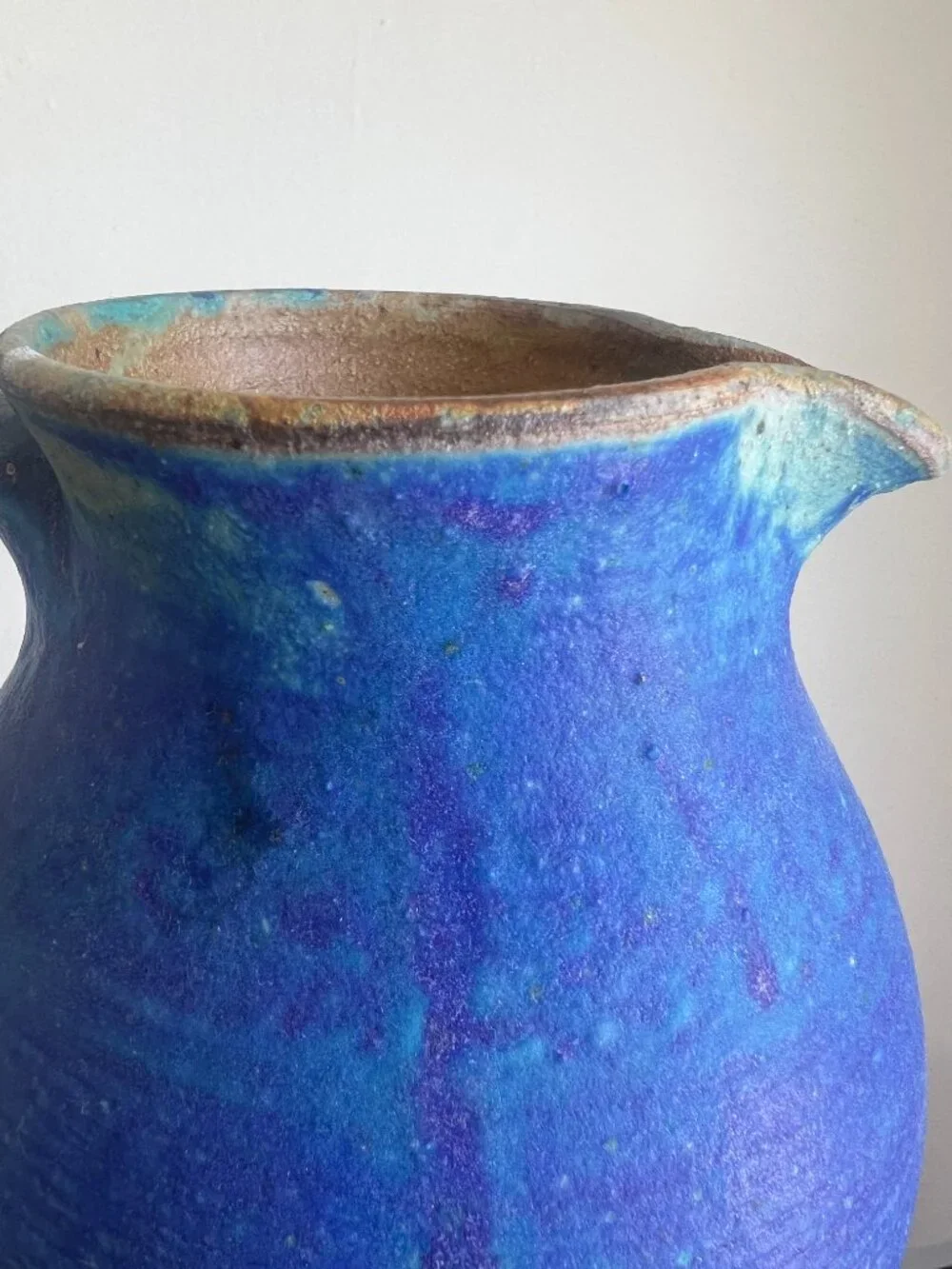 Vintage Studio Pottery Cerulean Blue Pitcher Vase Signed Hand Thrown Stoneware